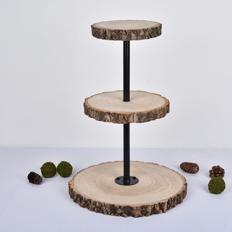 19&#x22; Brown 3 Tier Round Natural Wood DESSERT STAND Party Decorations Supplies