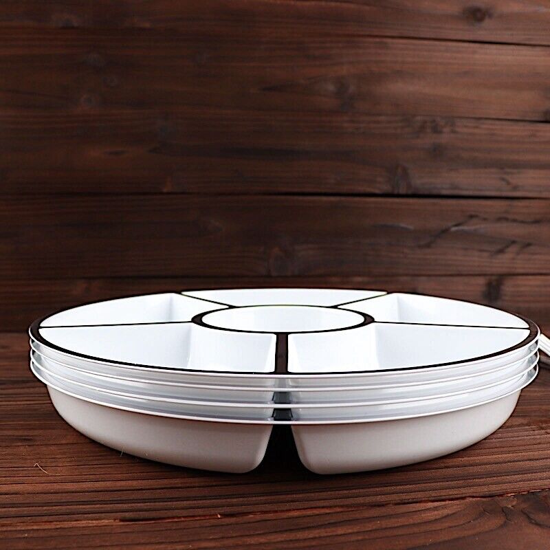 4 White Silver Trim 12&#x22; Round SERVING TRAYS Food Compartments