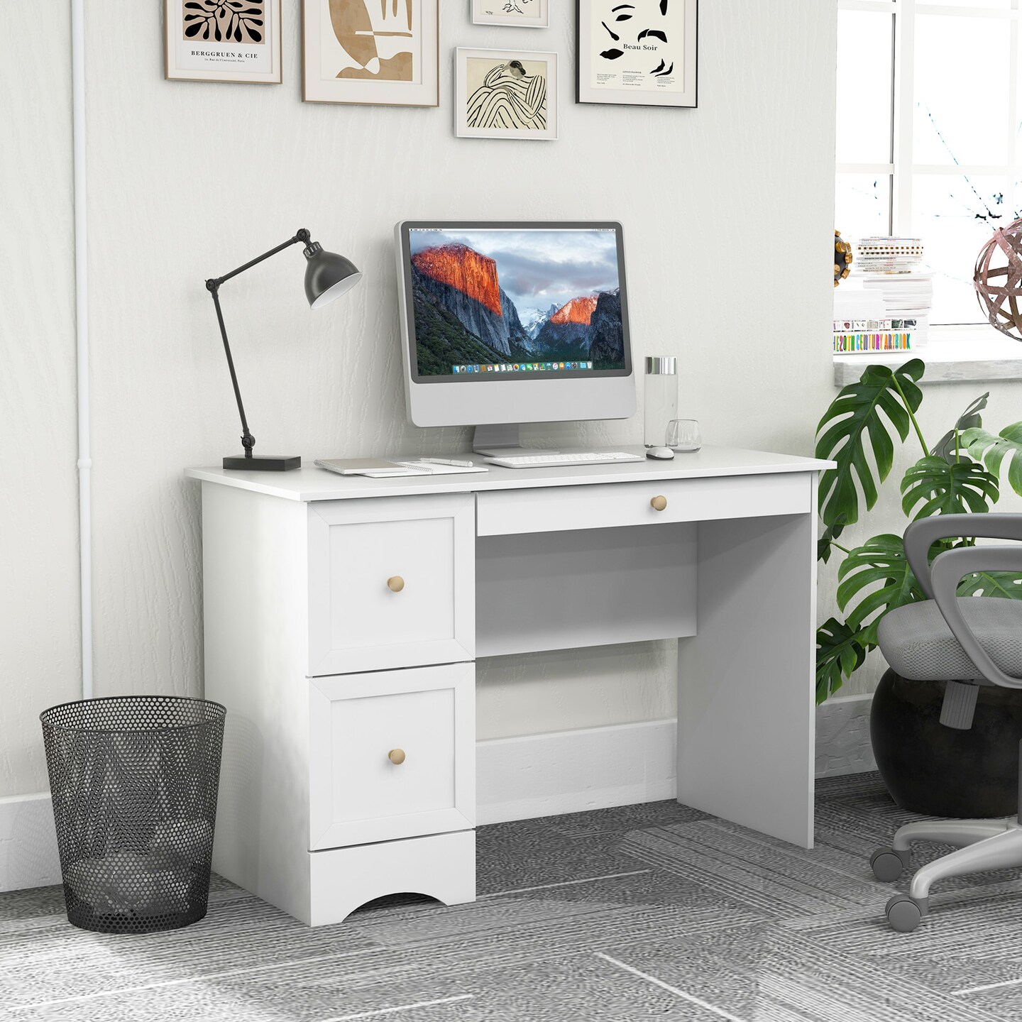 Wooden Vintage Computer Desk With 3 Drawers For Home And Office