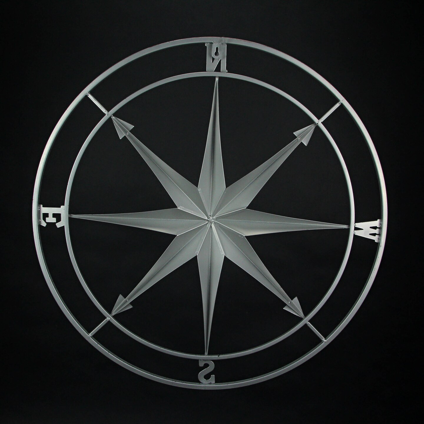 Weathered Silver Finish Metal Nautical Compass Rose Wall Decor Hanging Sculpture