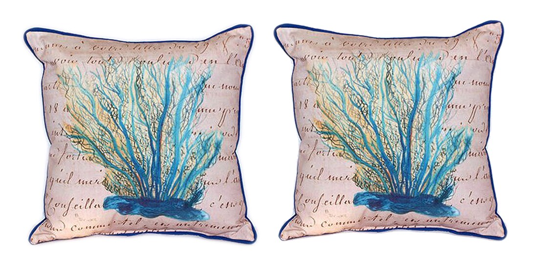 Pair of Betsy Drake Blue Coral Beige Large Pillows 18 Inch x 18 Inch