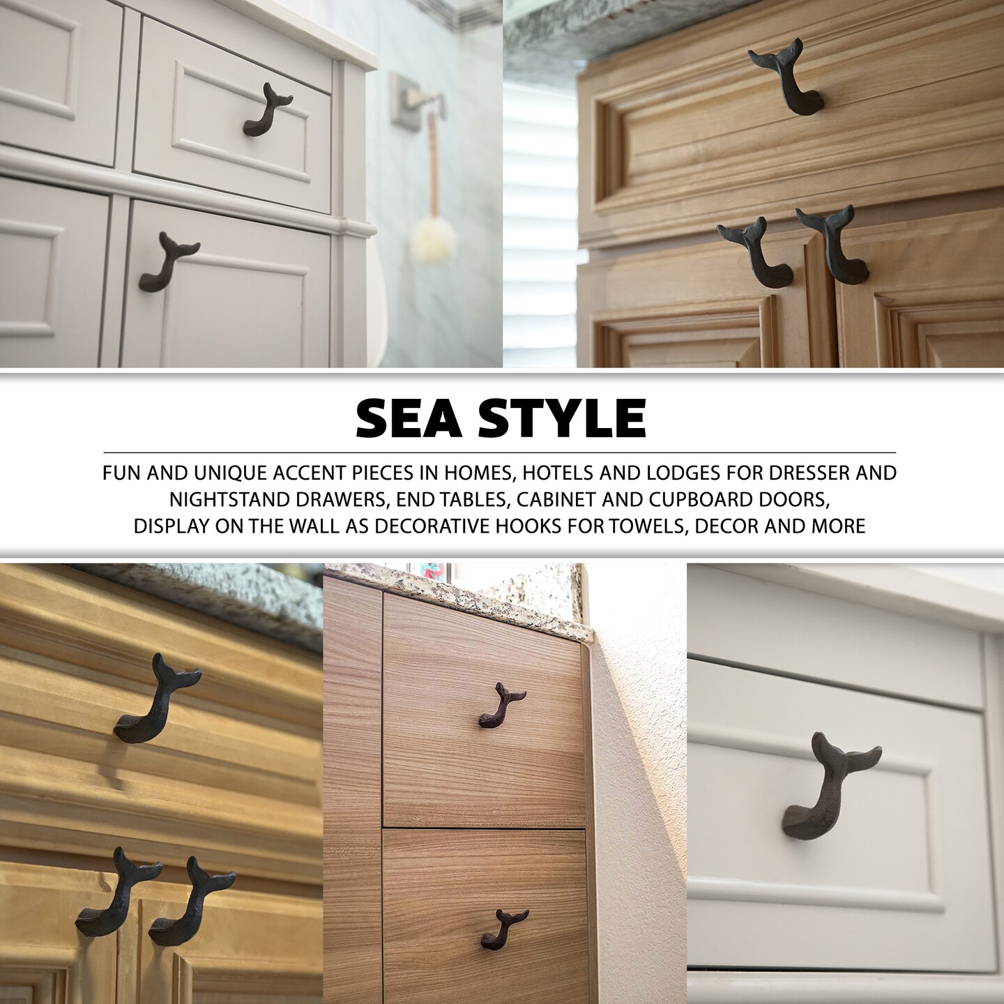 Cast Iron Whale Tail Drawer Pulls Cabinet Knobs Coastal Decor Handles Set of 12