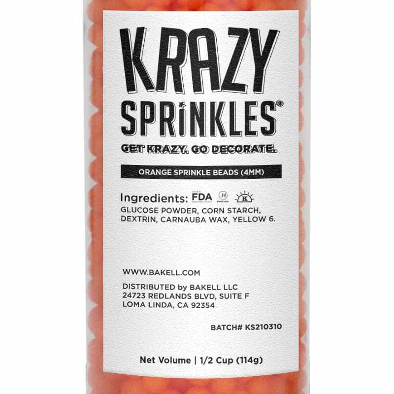 Krazy Sprinkles - Orange 4mm Beads (1/2 Cup, 1x Jar) for Cakes, Ice Cream & Cookies