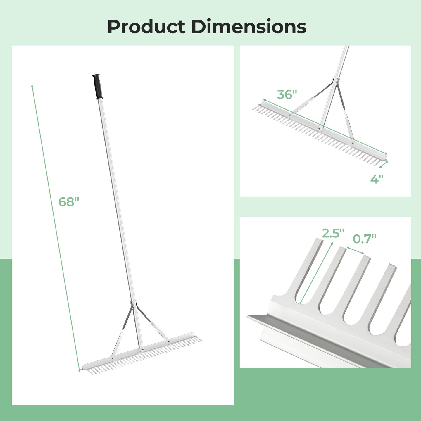 Aluminum Rake With 36&#x22; Wide Rake Head And 68&#x22; Long Handle