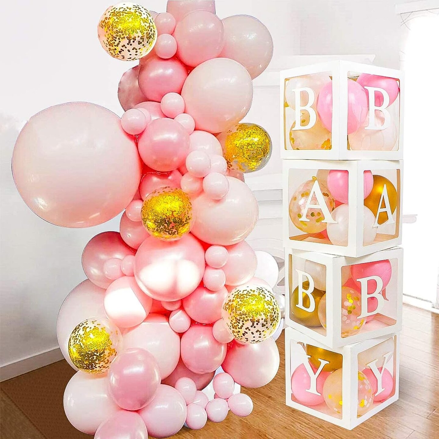 82 PCS Baby Shower Decorations for Girl - Jumbo Transparent Baby Block Balloon Box Includes BABY, A - Z Letters DYI, White Pink Gold Confetti Balloons, Gender Reveal Party Supplies, 1st Birthday Décor