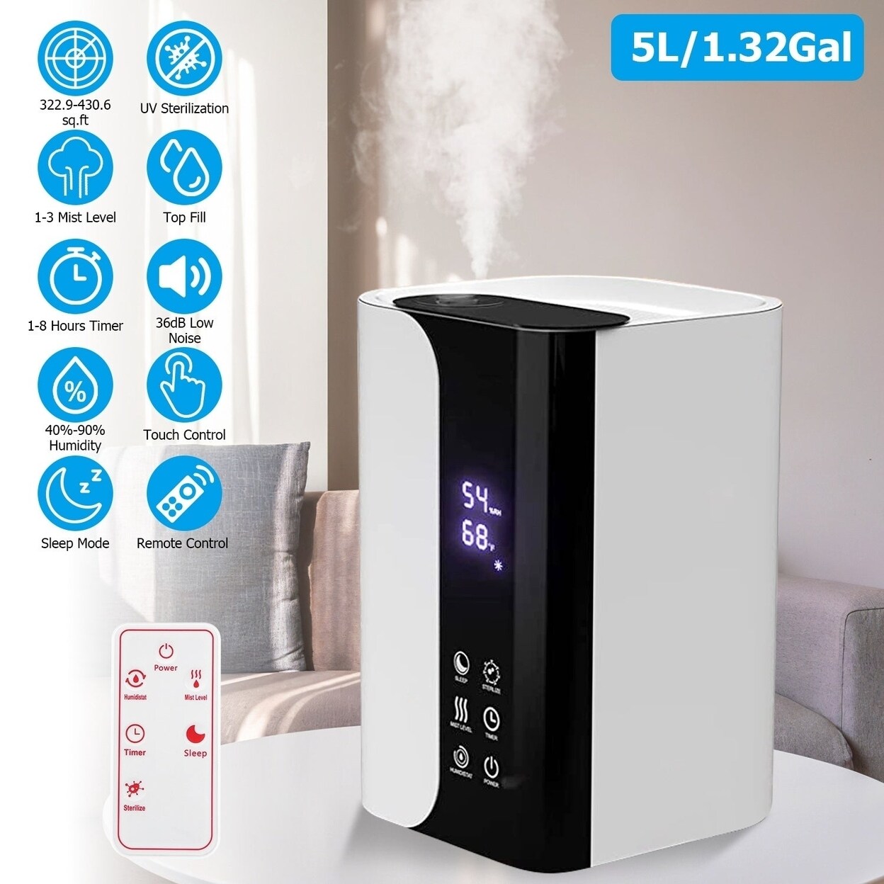 SKUSHOPS 5L Humidifiers Top Fill Cool Mist Humidifier with Essential Oils Diffuser Filter Rotatable Outlet Nozzle Timer 1 to 3