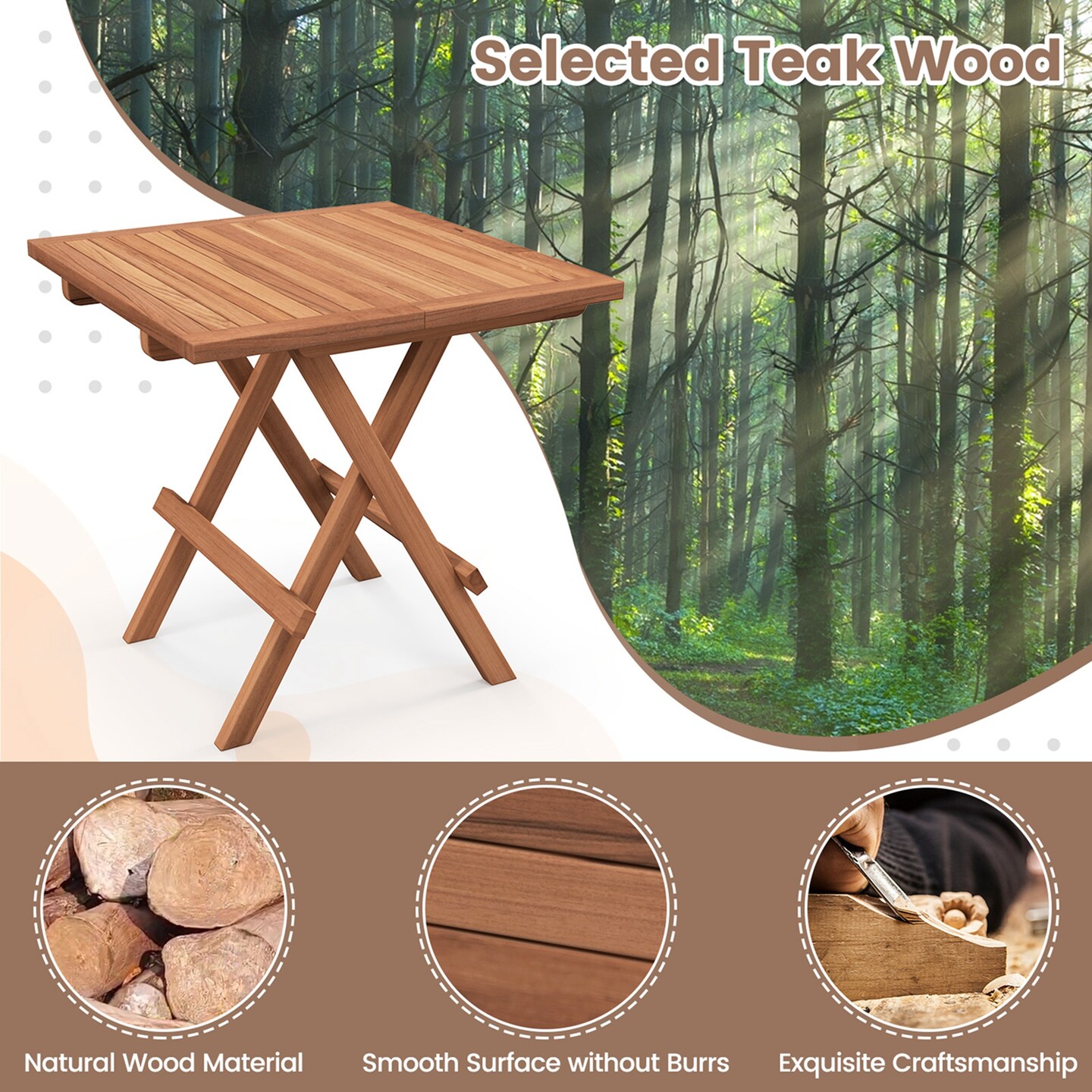 Costway Patio Folding Side Table Indonesia Teak Wood Square Slatted Tabletop Portable Picnic