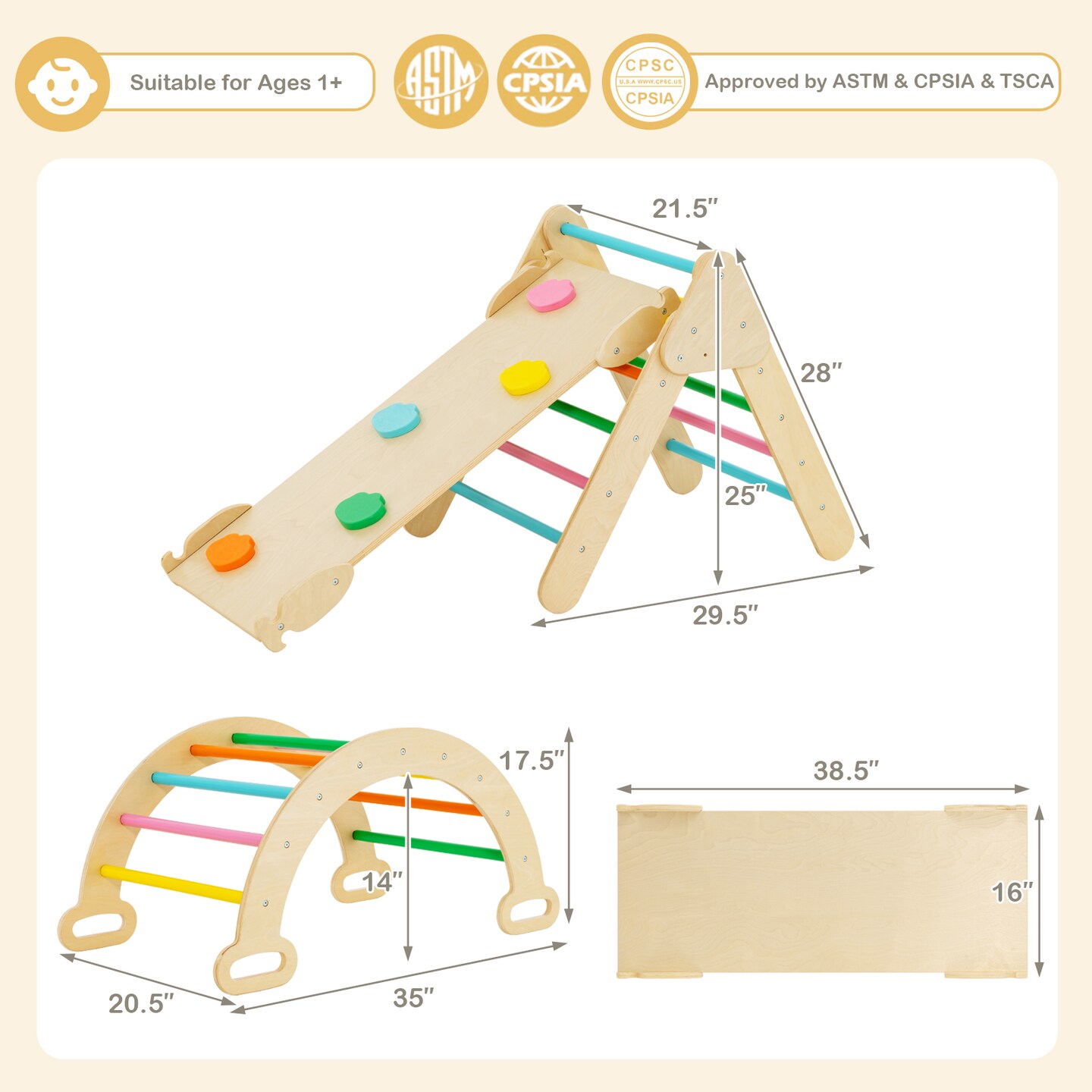 Costway 3-in-1 Kids Climber Set Toddler Wooden Play Arch with Sliding and Climbing Ramp