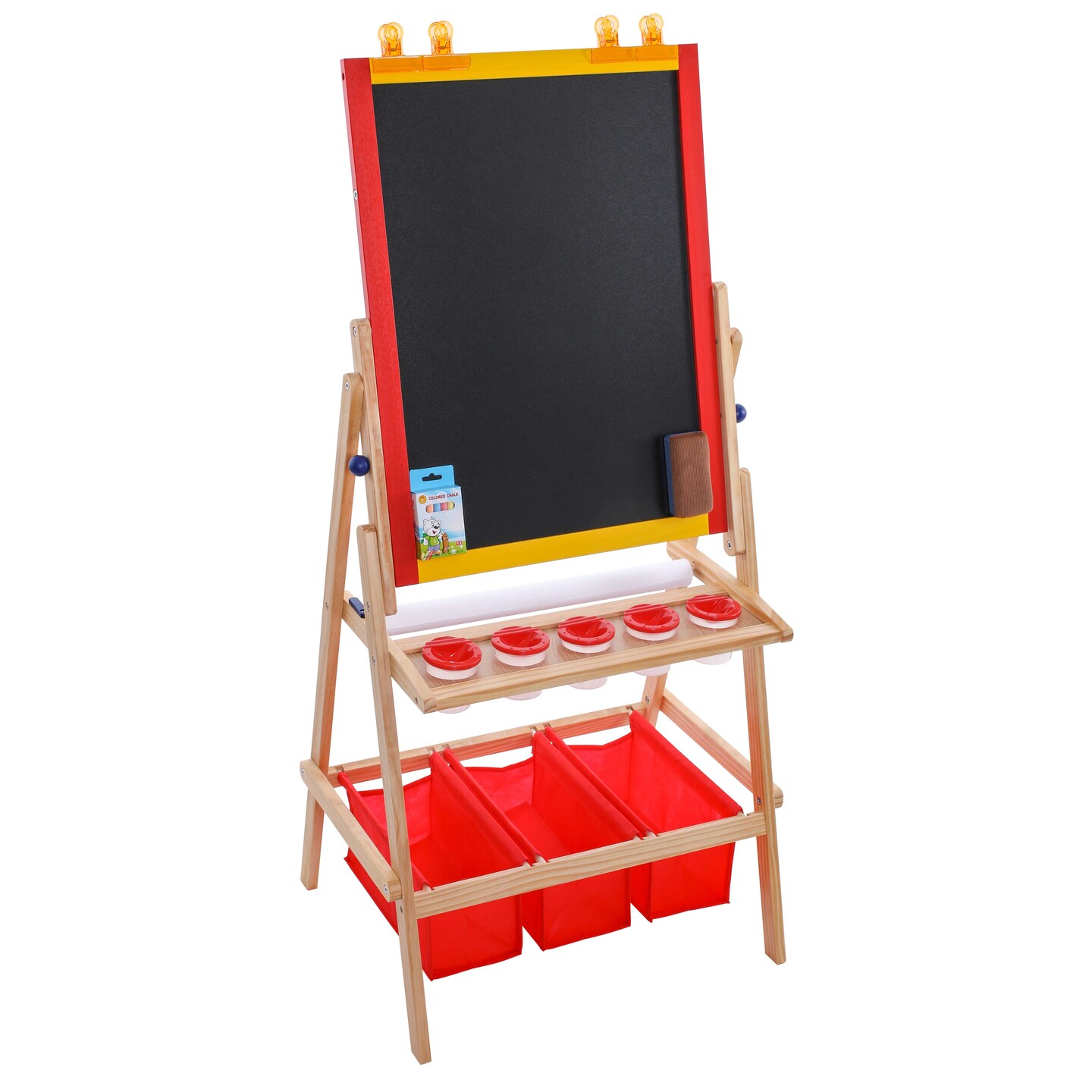 Flip-Over Children&#x27;s Double-Sided Paint &#x26; Drawing Art Easel Board with Chalkboard, Dry Erase Board, Paper Roll, 3 Storage Bins, 5 No-Spill Cups, Chalk