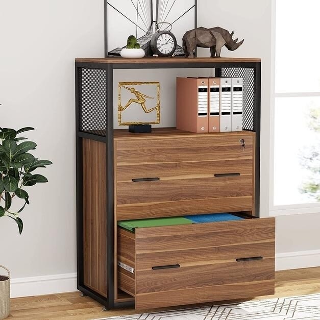 Tribesigns Lateral File Cabinet 2 Drawer Lockable Printer Stand Open Storage Shelves