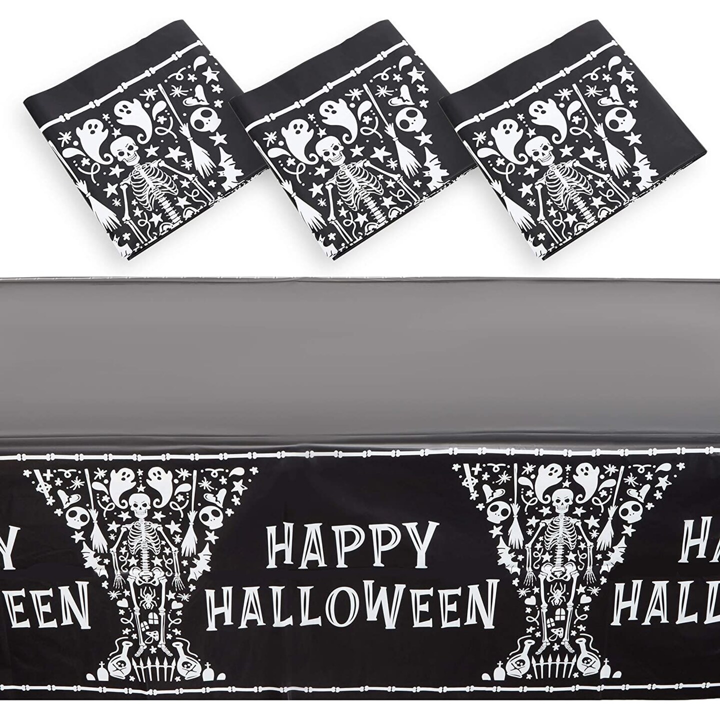 Skeleton Coffin Happy Halloween Tablecloth, Black Table Cover (54 x 108 in, 3 Pack)