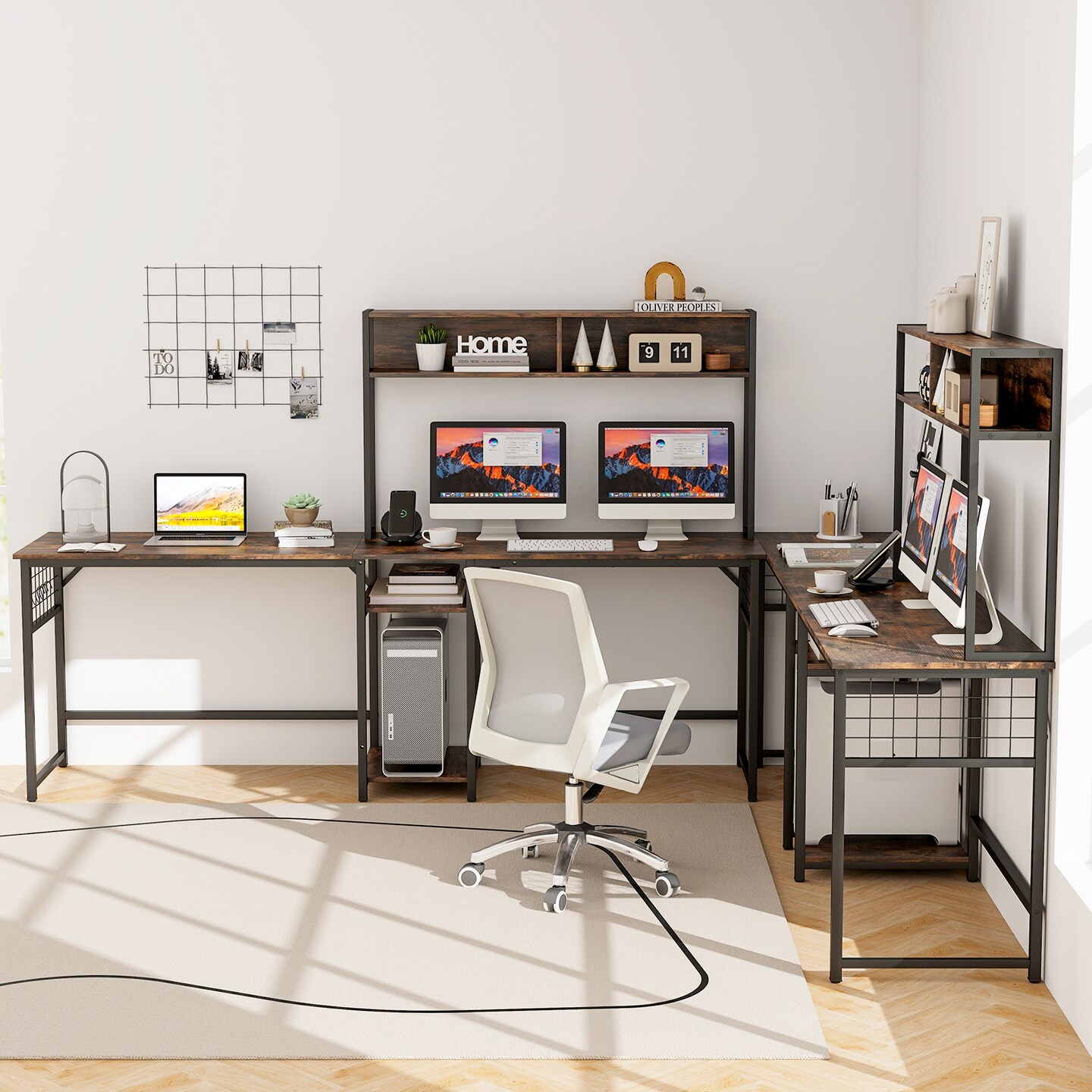 Modern L-Shaped Work Desk with Power Outlets and Storage Shelves Hutch and Open Shelves