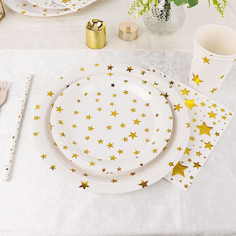 120 White Gold Stars Disposable PAPER TABLEWARE Set Party Events Decorations