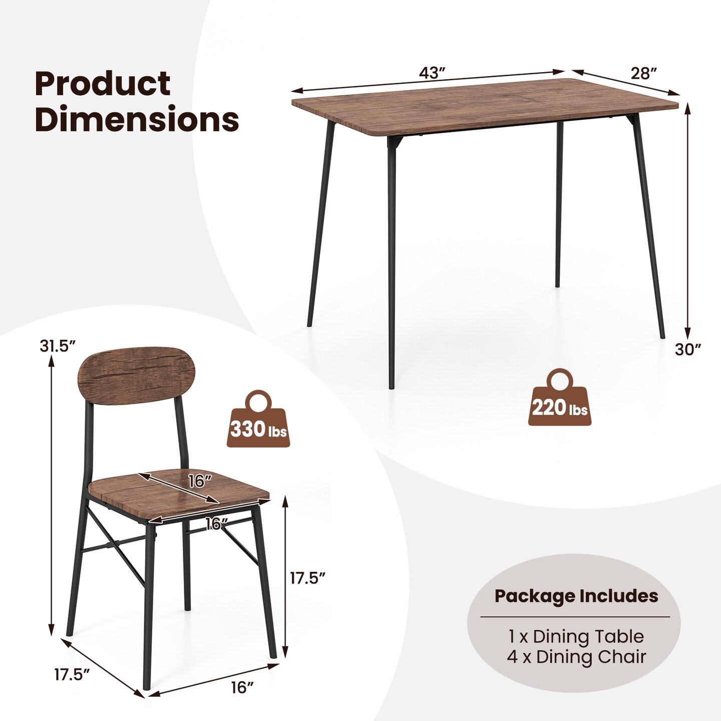 5 Piece Dining Table Set Rectangular With Backrest And Metal Legs For Breakfast Nook