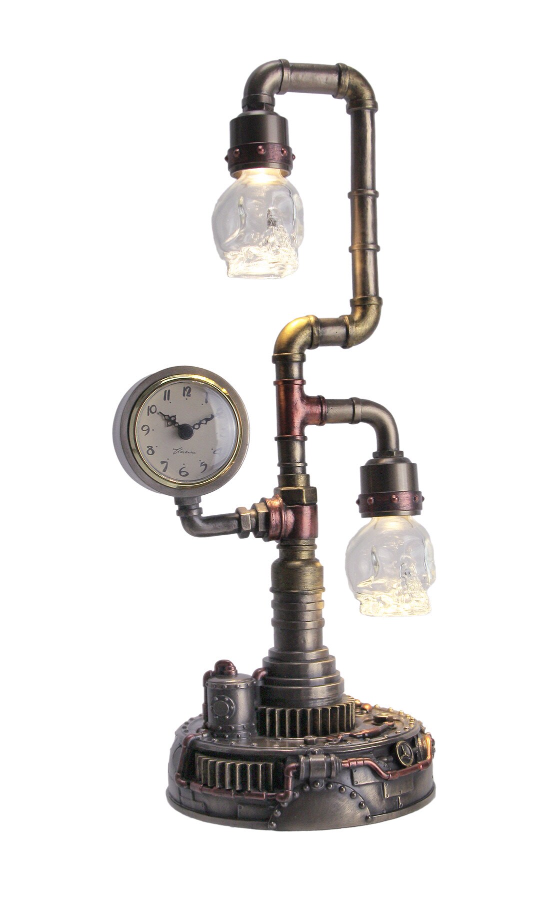 Steampunk Pipework Clock Stand Cordless LED Skull Bulb Copper Accent Desk Light