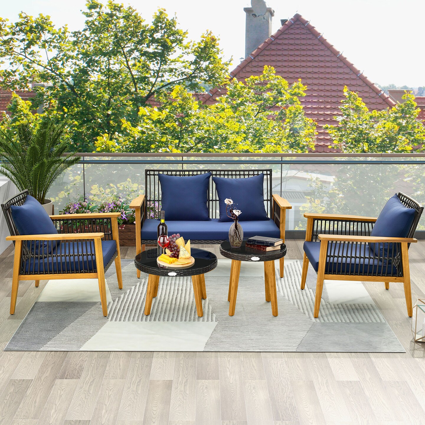 5 Piece Outdoor Conversation Set With 2 Coffee Tables For Backyard Poolside-Navy