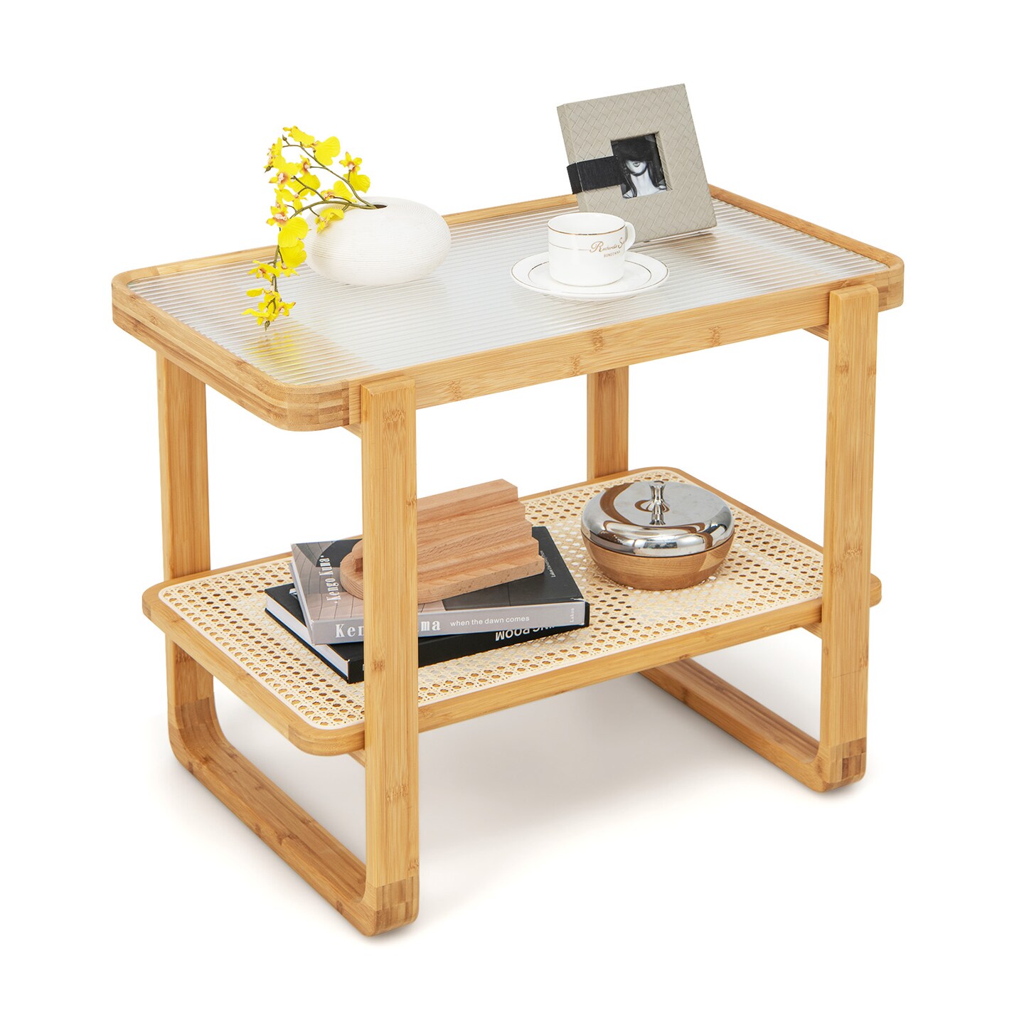 2-tier Wicker Side Table With Glass Top-Natural