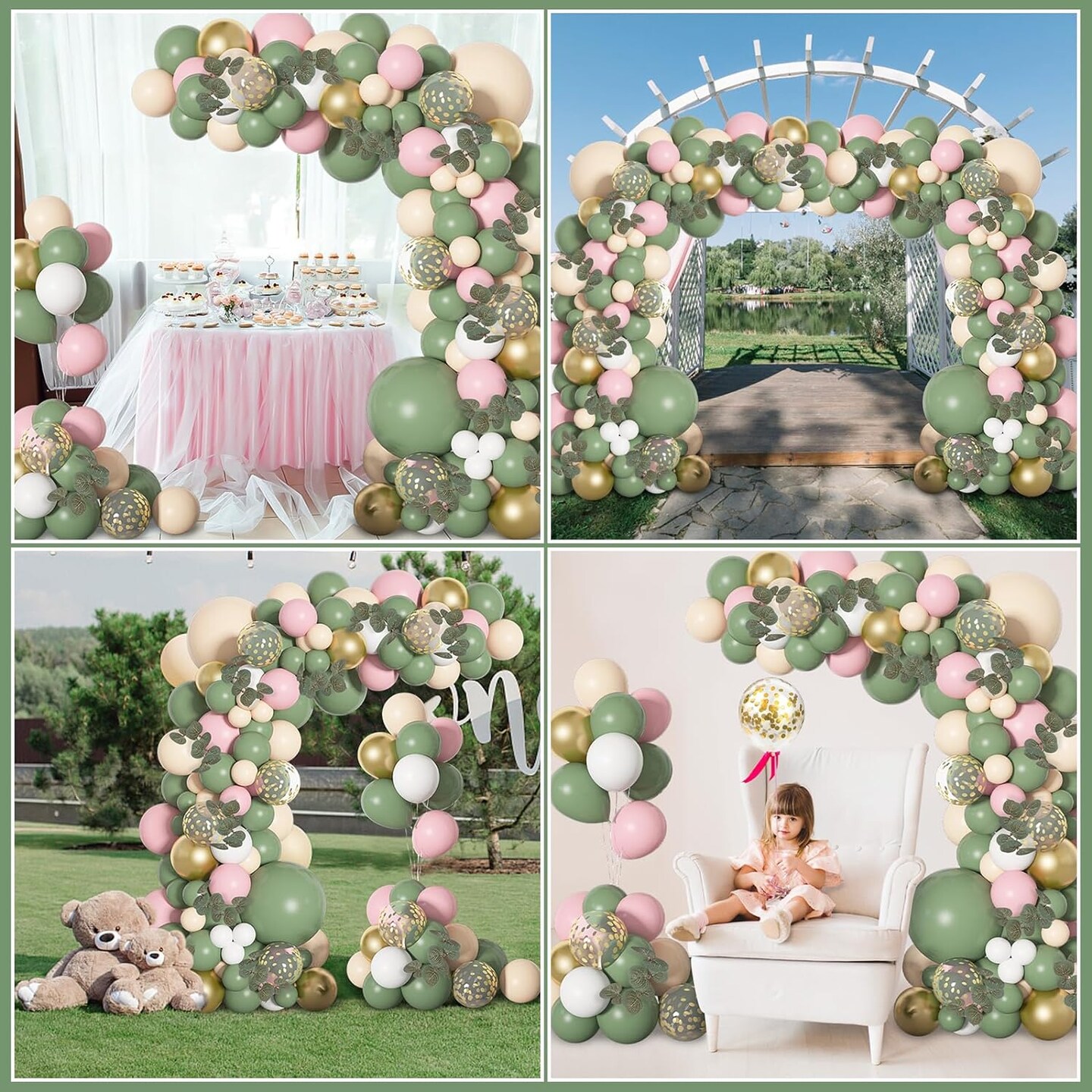 126Pcs Sage Green Balloon Garland Arch Kit, Olive Sage Green Balloons Birthday Baby Shower Decorations of Blush Pink White and Gold Confetti with Artificial Eucalyptus for Wedding Safari Party