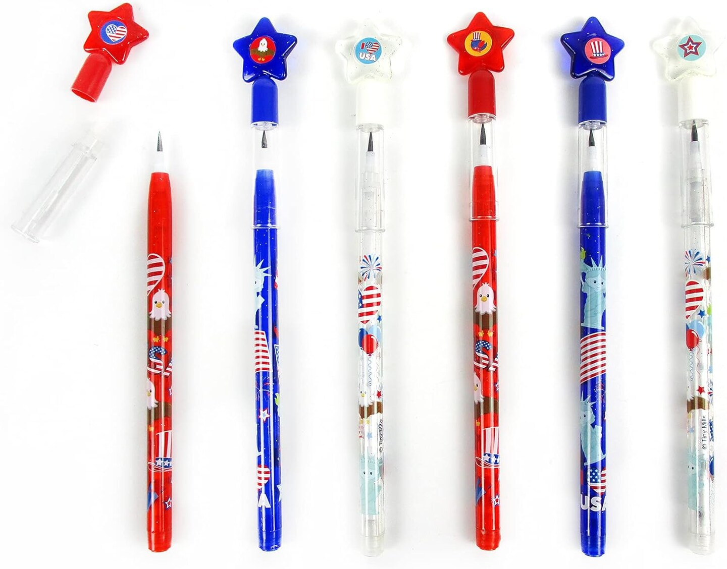 TINYMILLS 24 Pcs Patriotic 4th of July Multi Point Stackable Push Pencil Assortment with Eraser