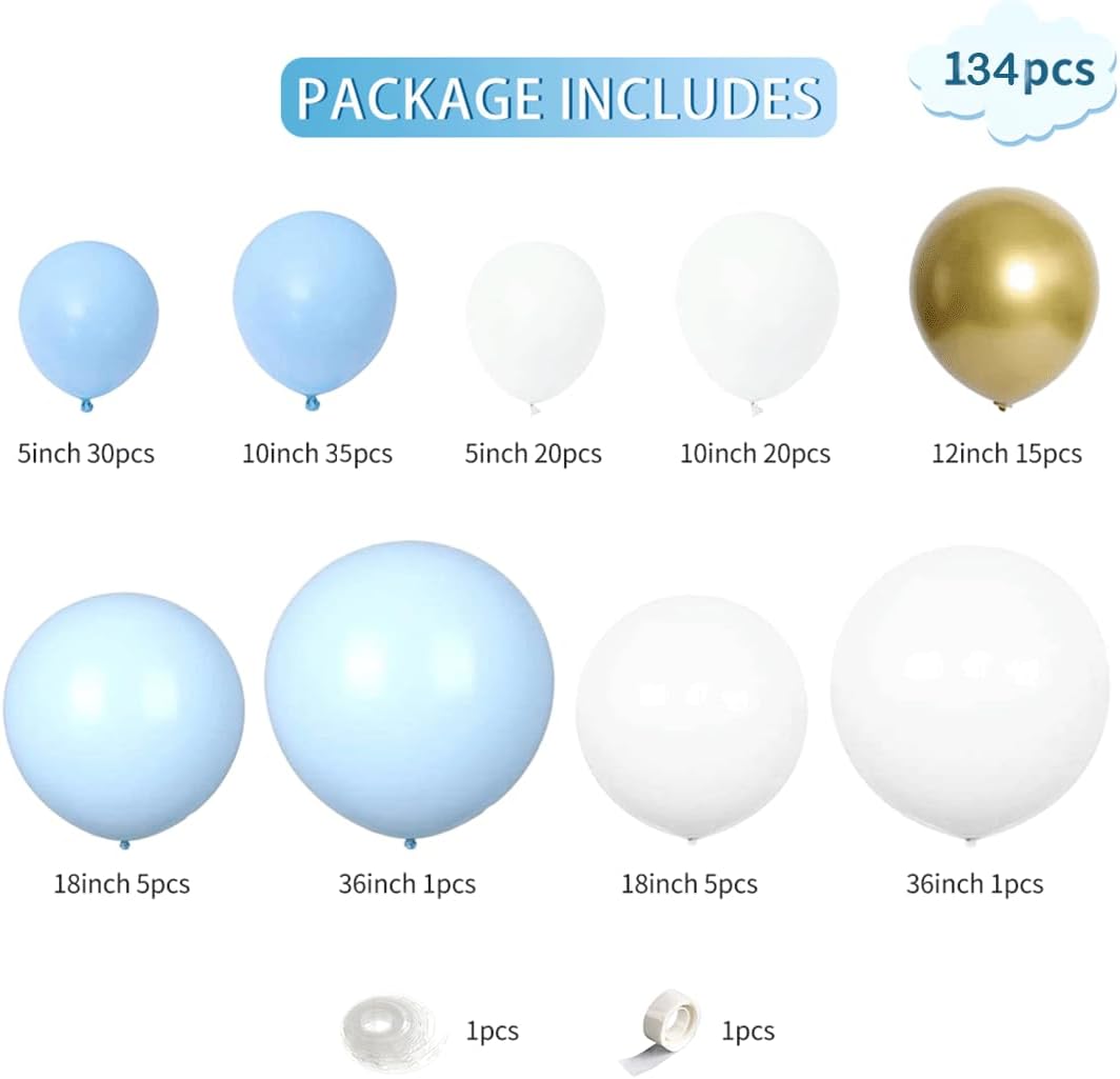 Blue White Gold Balloon Garland Arch Kit Metallic Chrome God Ballons with Macaroon Blue White Latex Balloons for Birthday Wedding Bridal Shower Party Baby Shower Decoration