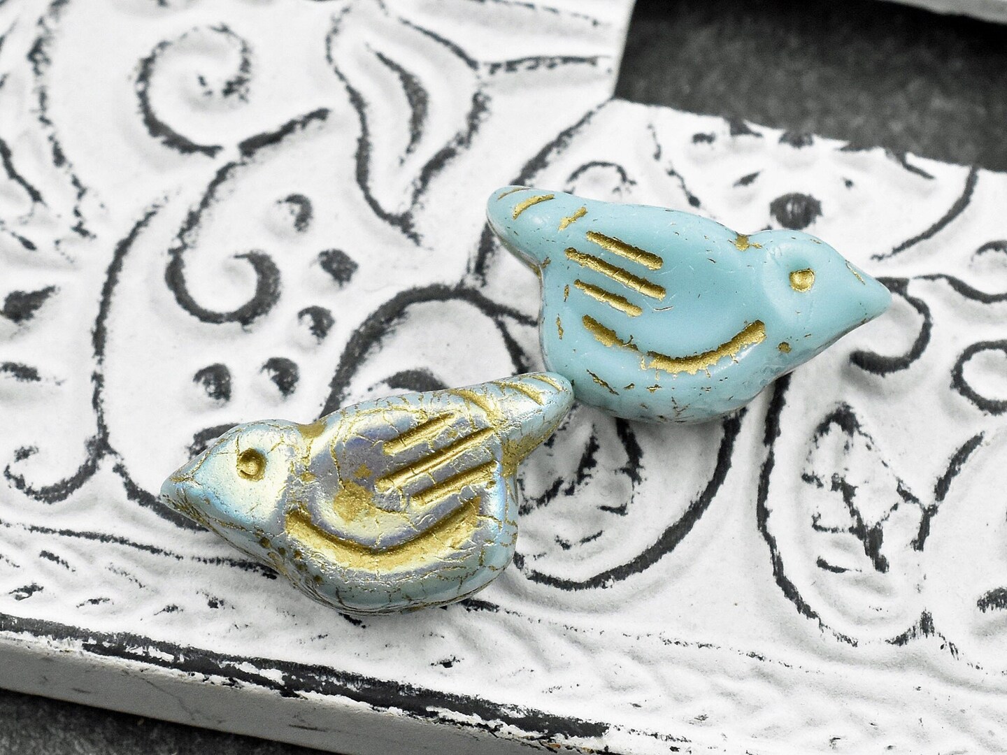 *6* 11x22mm Gold Washed Baby Blue AB Bird Beads
