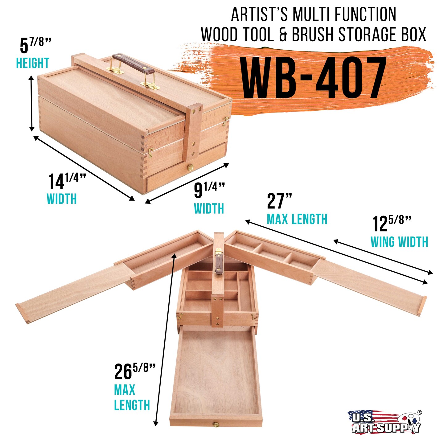 Large Multi-Function Wooden Artist Tool &#x26; Brush Storage Box