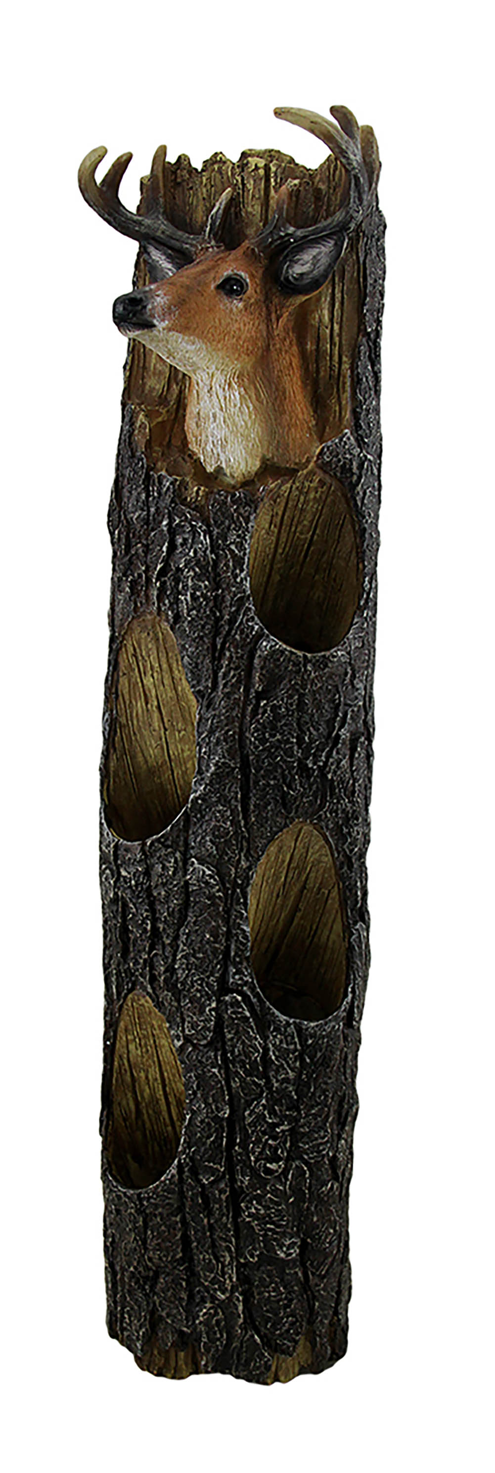 Deer Head On Weathered Log Rustic Wall Mounted 4 Bottle Wine Holder 19 Inch
