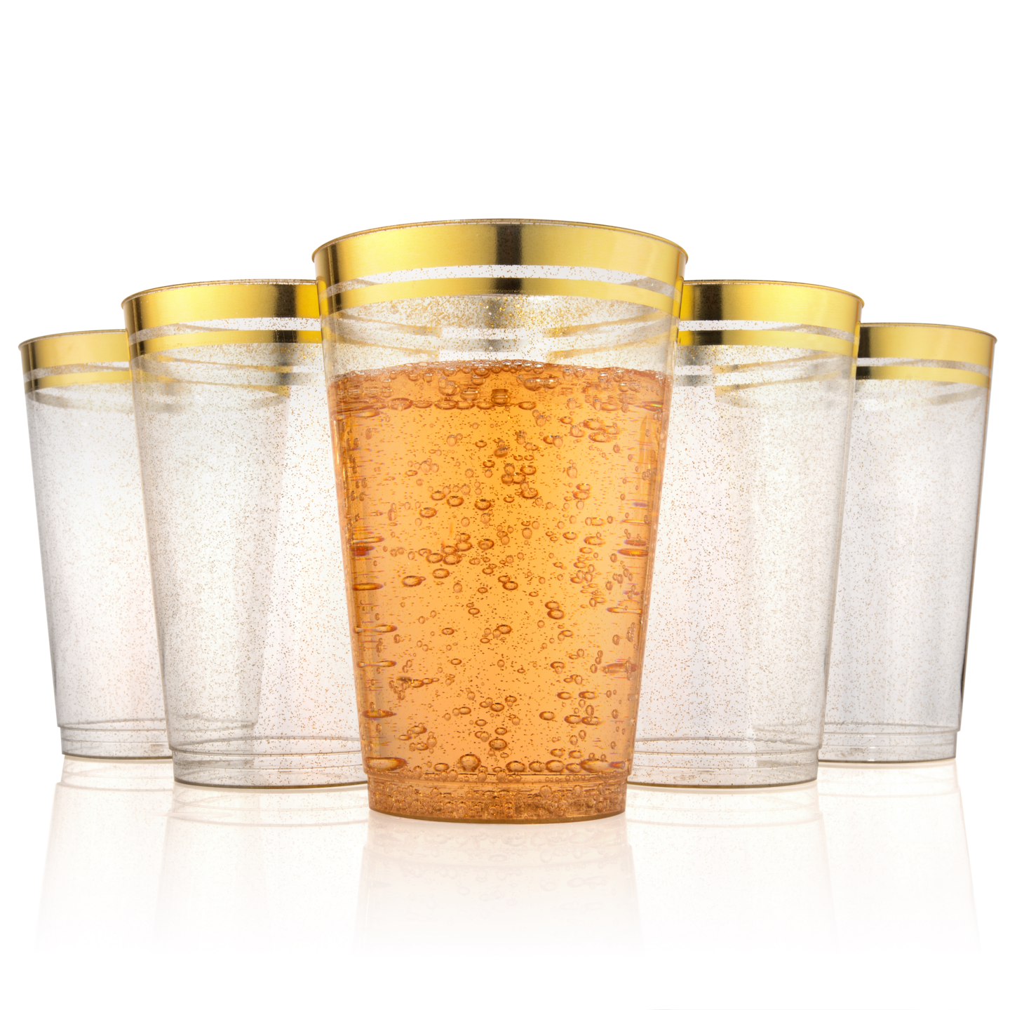 100ct. Cups Glitter-Gold Rim Plastic Disposable Glasses, Elegant Parties, Special Events, Weddings 12, 14, or 16 oz.