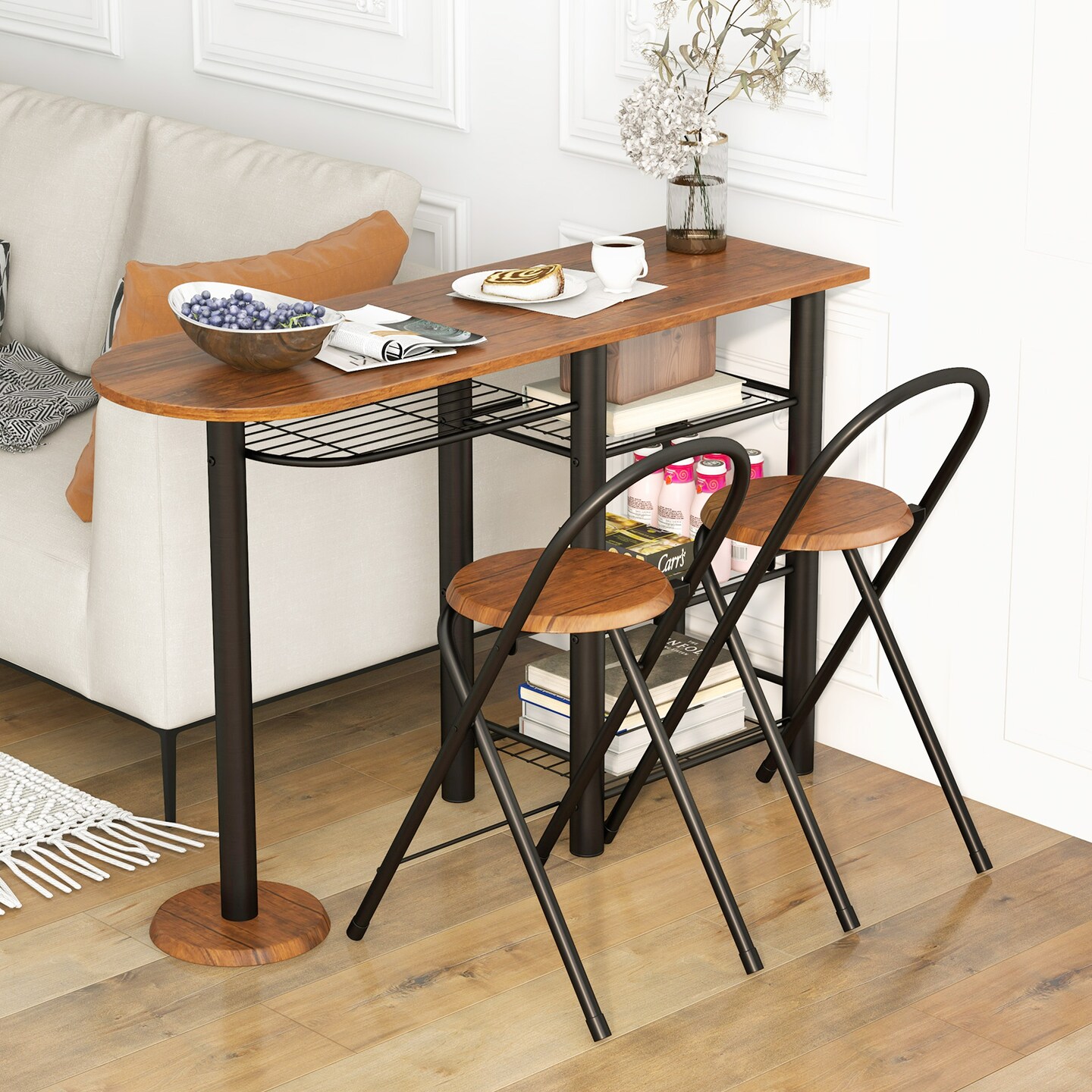 3 Pieces Retro Dining Table Set With 4-tier Storage Shelf