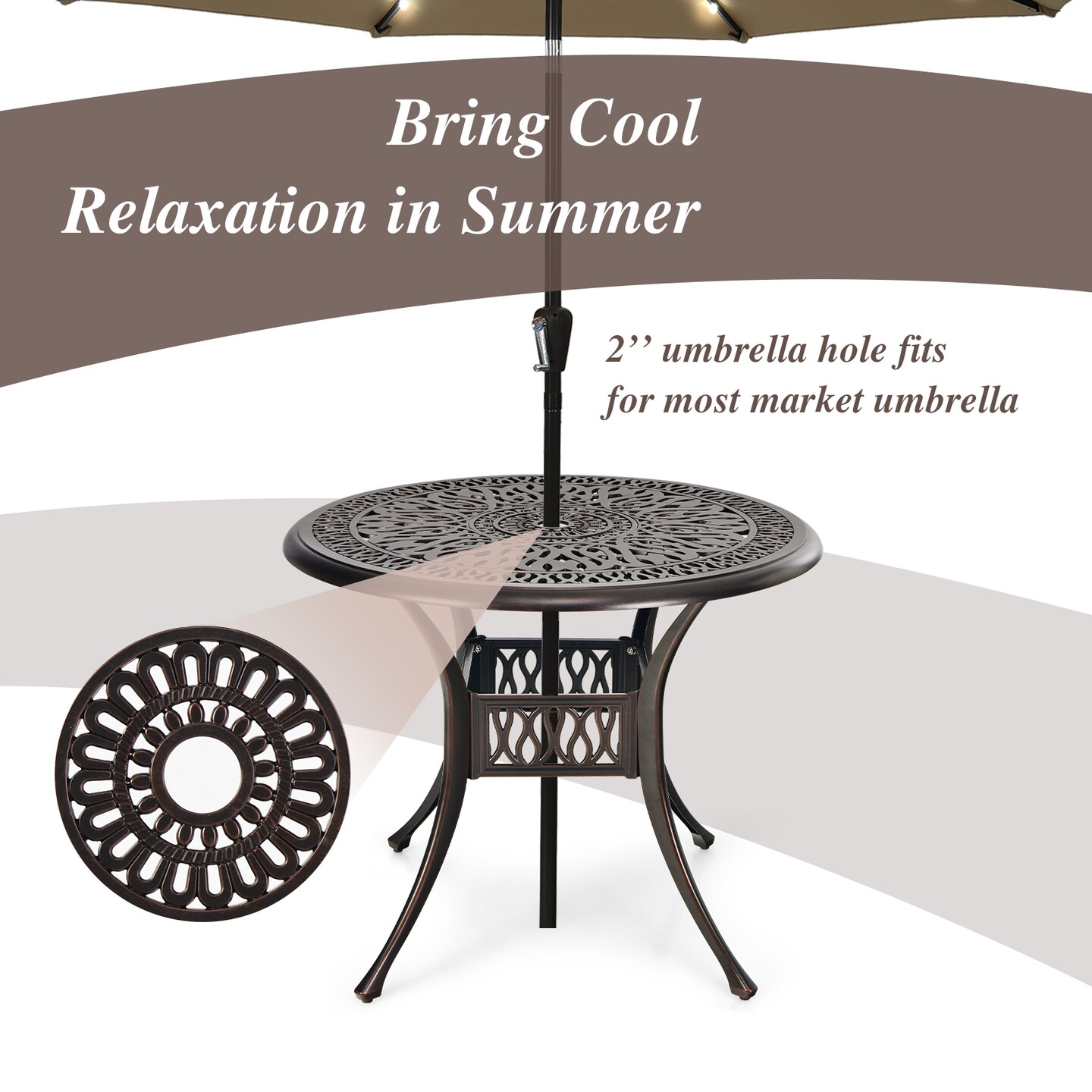 Brown Cast Aluminum Patio Table 36 Inch Outdoor Dining 4-Person Umbrella Hole