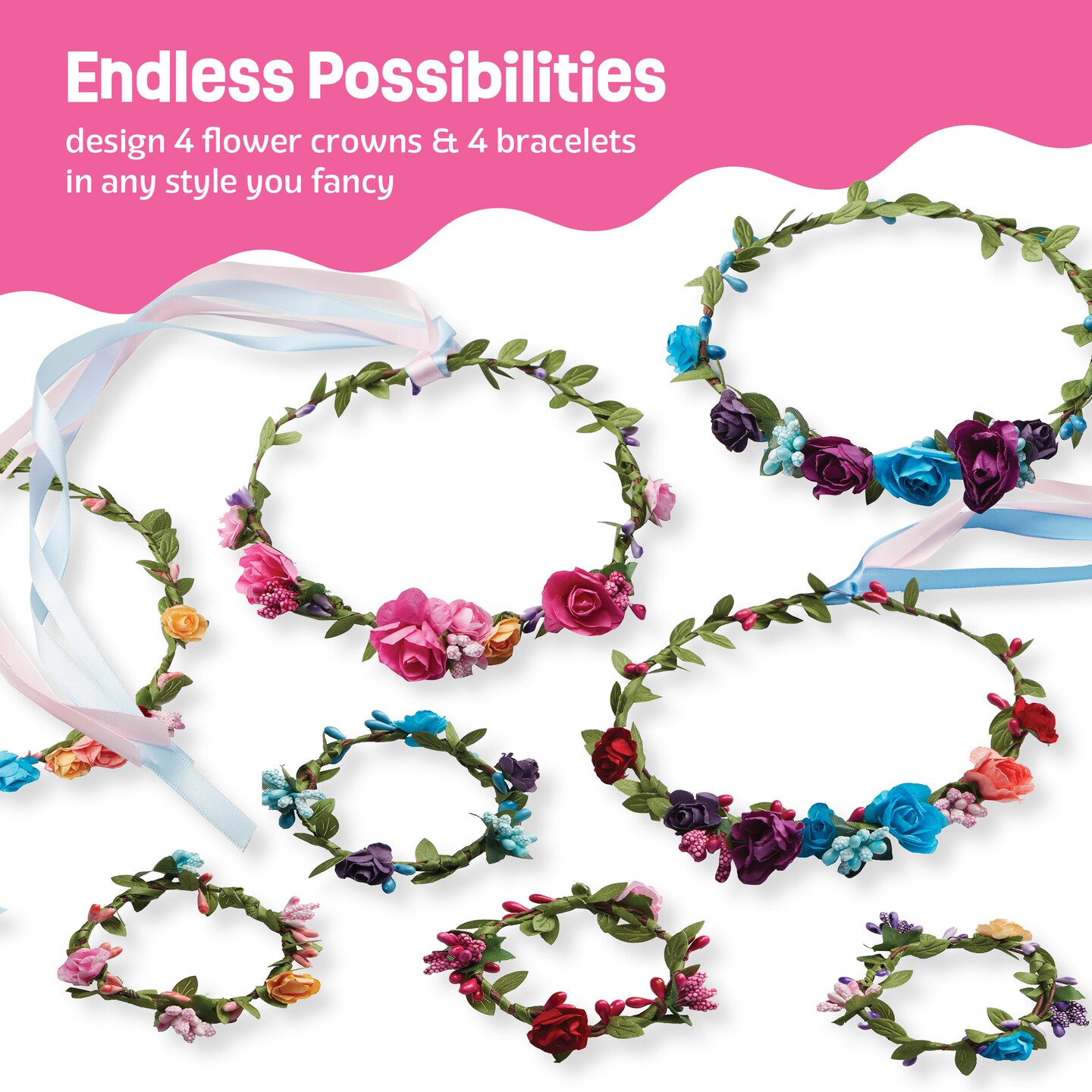 Flower Crowns & Bracelet Making Kit for Girls - Make Your Own Jewelry Kits for Kids - DIY Hair Accessories Set - Arts & Crafts Gift for Ages 6-12 Year Old Girl - Craft Maker Gifts Toys