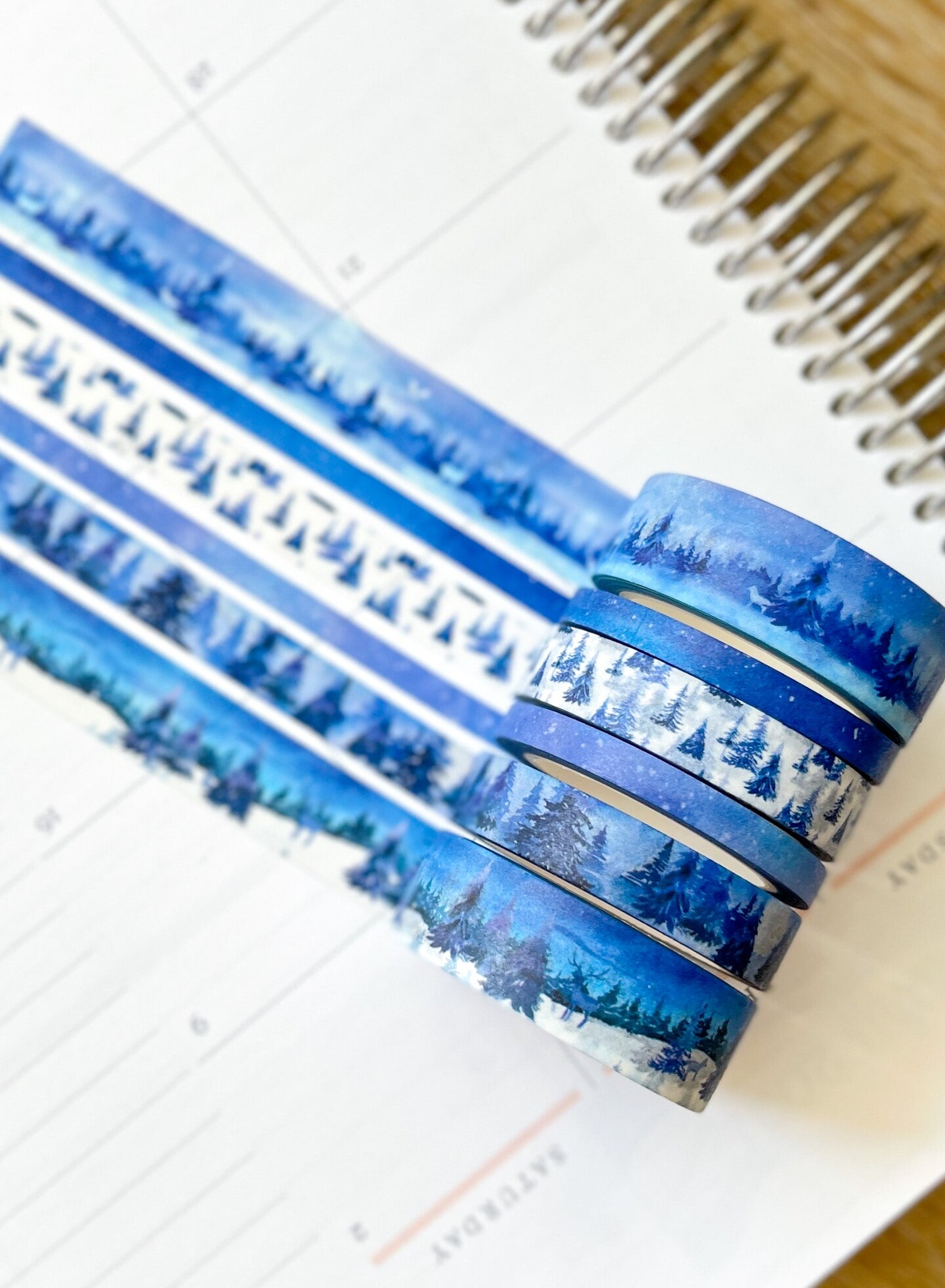 Snow &#x26; Forest Animals Navy Blue Trees Washi Tape Set (#W075)