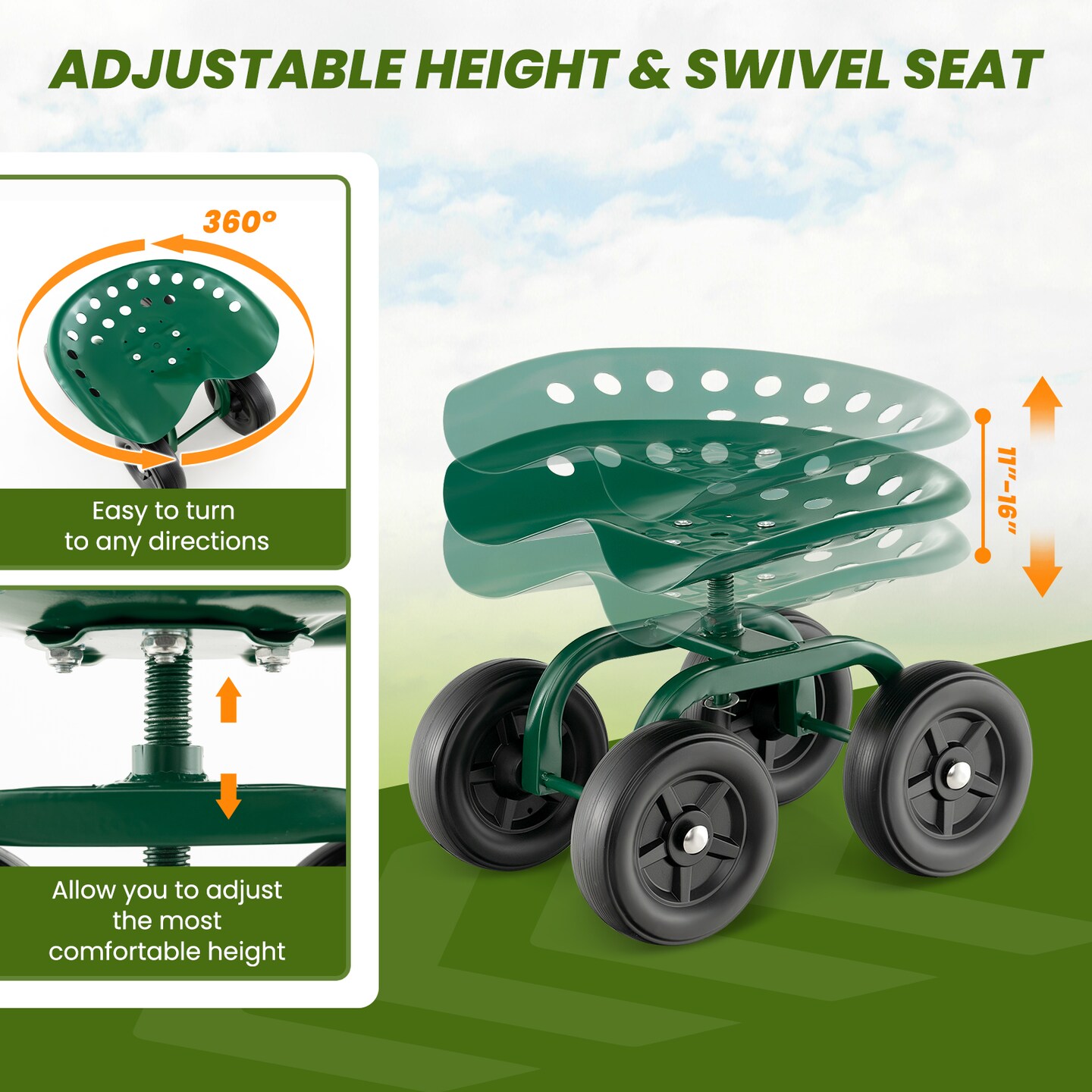 Garden Rolling Workseat with 360&#xB0;Swivel Seat and Adjustable Height-Green