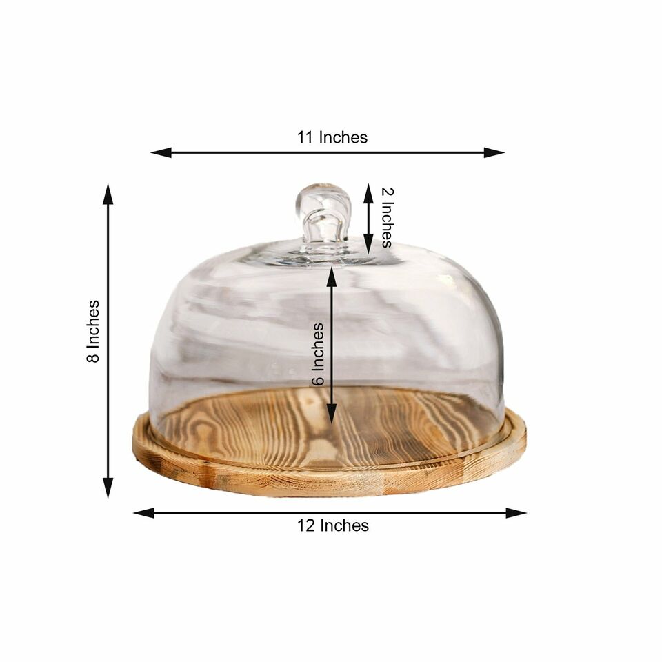 8-Inch Clear Natural Glass Cloche Display Dome Wooden Base CAKE STAND