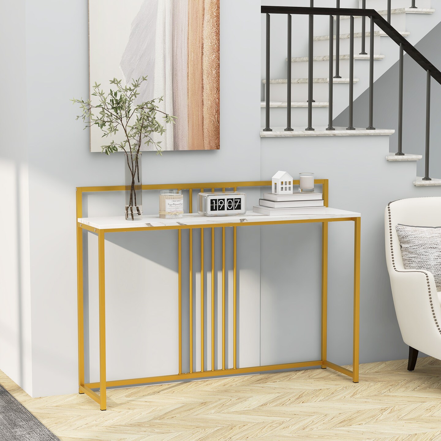 47 Inches Modern Console Table with Steel Frame and Storage Shelf-White
