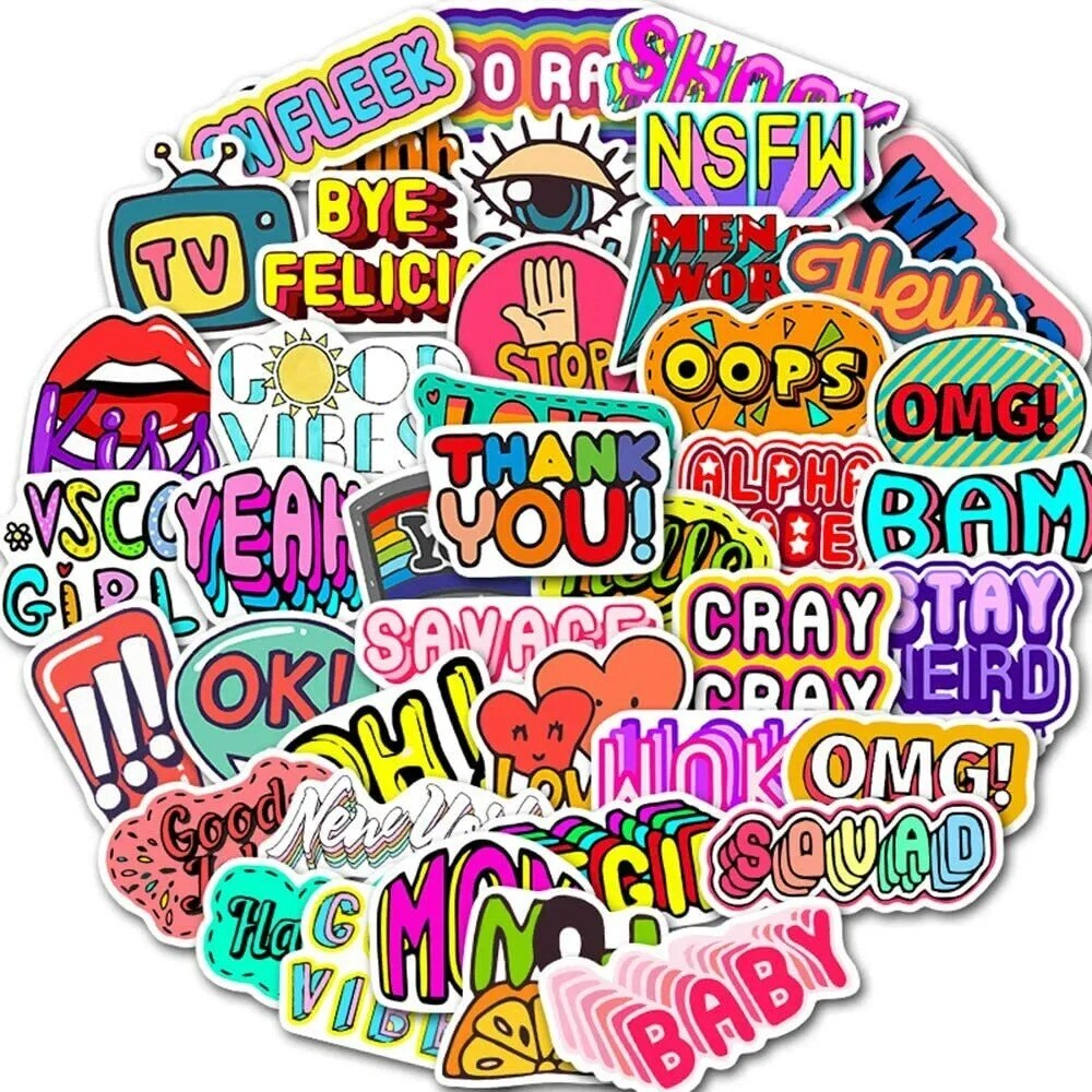 50PCS Lette Funny Word Stickers Scrapbook Laptop Luggage For Kid Teen Decals