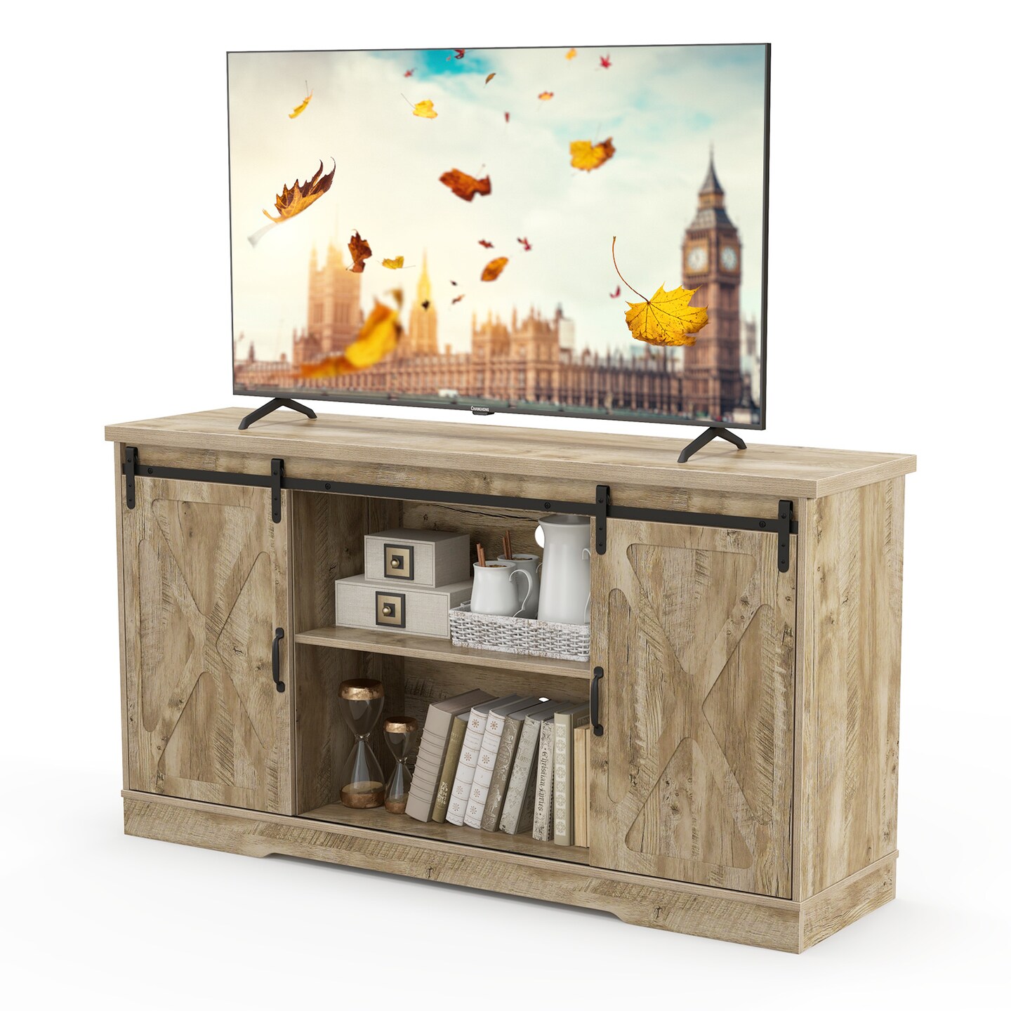 Farmhouse Tv Stand Entertainment Center With Adjustable Shelves And Storage Cabinet