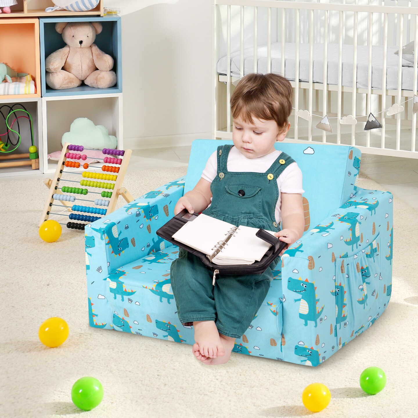 Kids Recliner Sofa Converts To Sleeper Bed For Boys Girls-Blue