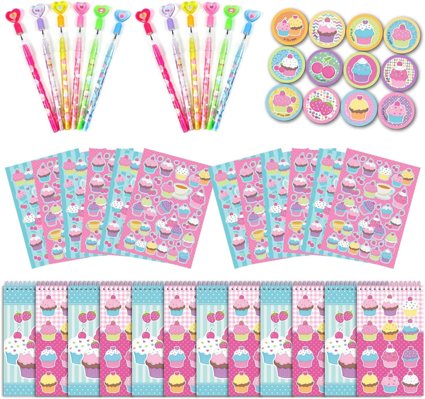 TINYMILLS Cupcake Birthday Party Favor Set (12 stackable pencils, 12 stampers, 12 sticker sheets, 12 small spiral notepads) Cupcake Party Favors Two Sweet Birthday