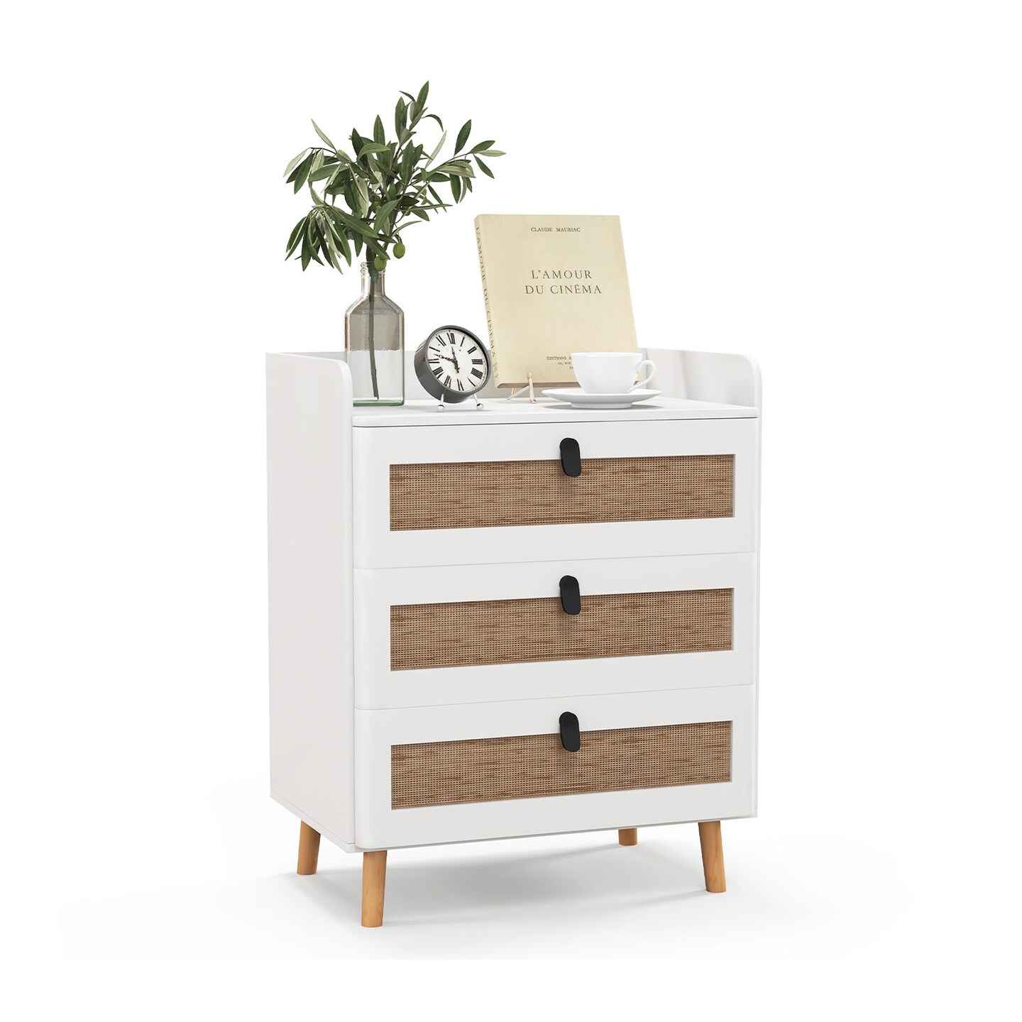 Modern End Table With 3 Rattan Decorated Drawers-White