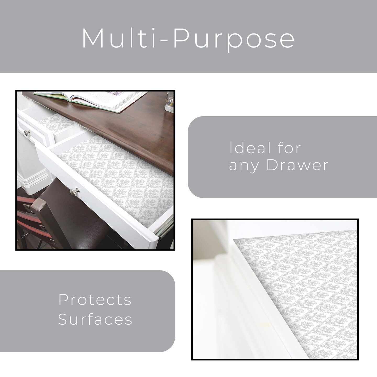 Smart Design Bonded Grip Shelf Liner - 12 inch x 60 feet Total (Set of 6 Rolls) - Fleur Gris