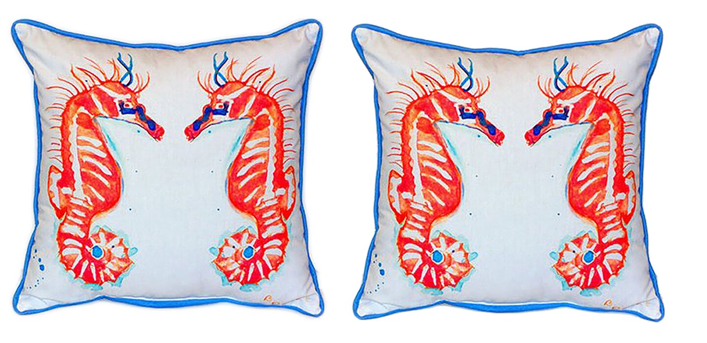 Pair of Betsy Drake Coral Sea Horses Large Indoor/Outdoor Pillows