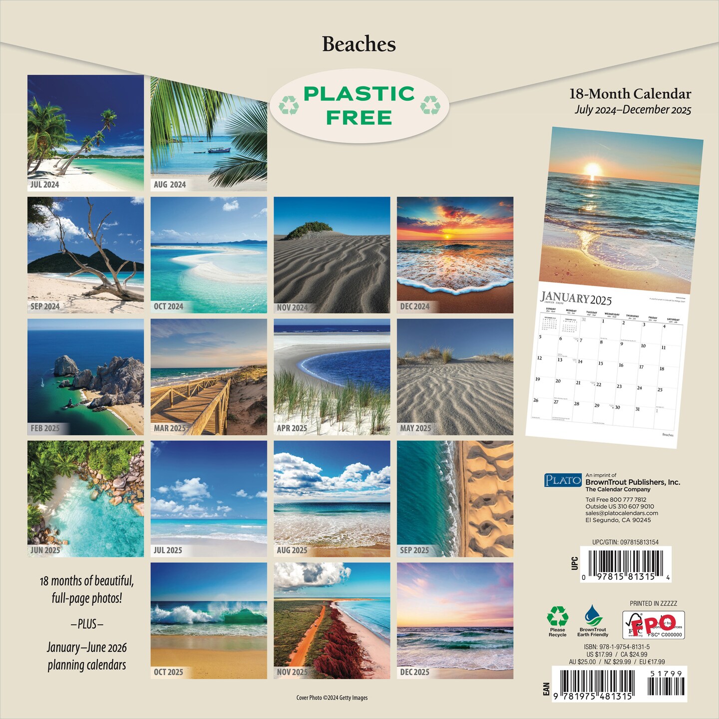 Beaches | 2025 12 x 24 Inch 18 Months Monthly Square Wall Calendar | July 2024 - December 2025 | Plastic-Free | Plato | Travel Nature Tropical