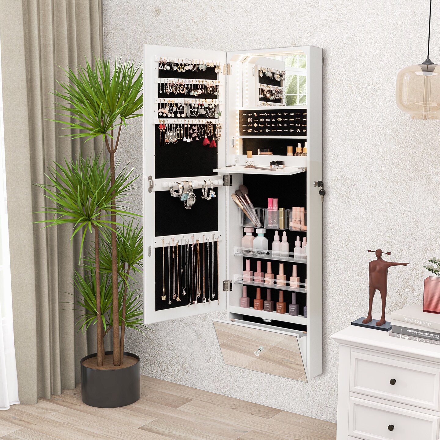 Wall Mounted Jewelry Armoire Organizer With Full-length Frameless Mirror-white