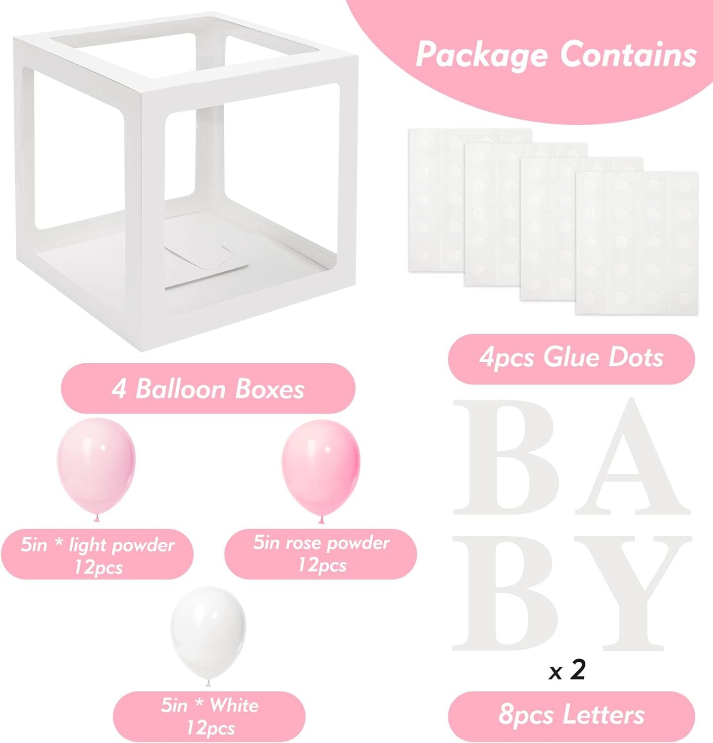 Baby Boxes for Baby Shower Decoration with 8 Letters and 36 Balloons 4pcs Clear Balloon Boxes BABY Blocks for Girls Birthday Party Decorations(Pink)