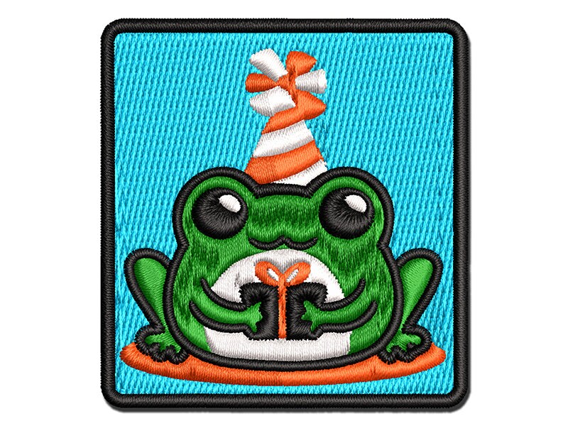 Delightful Kawaii Chibi Birthday Frog Toad Holding Gift Multi-Color Embroidered Iron-On or Hook &#x26; Loop Patch Applique