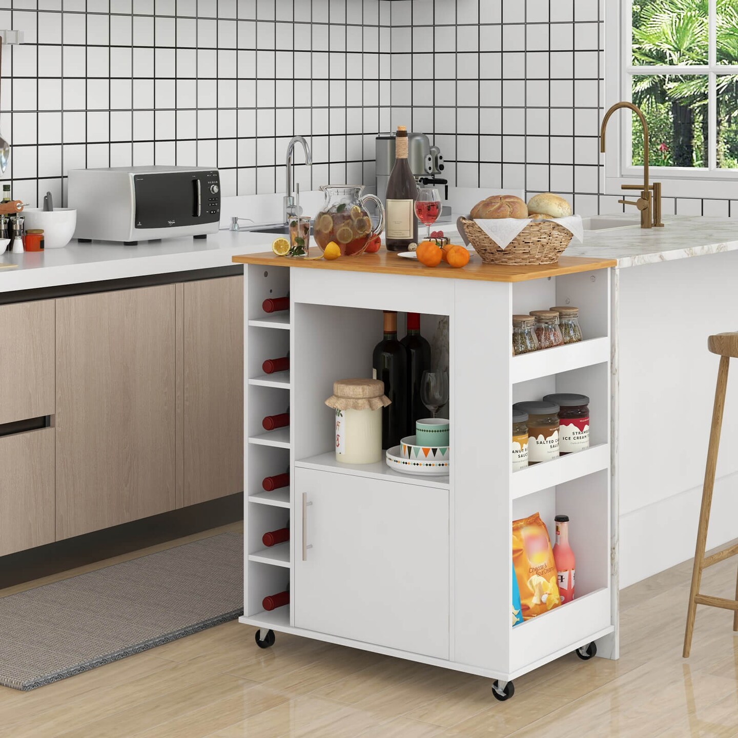White Kitchen Cart On Wheels With Wicker Top And 6-Bottle Wine Rack Perfect for Home