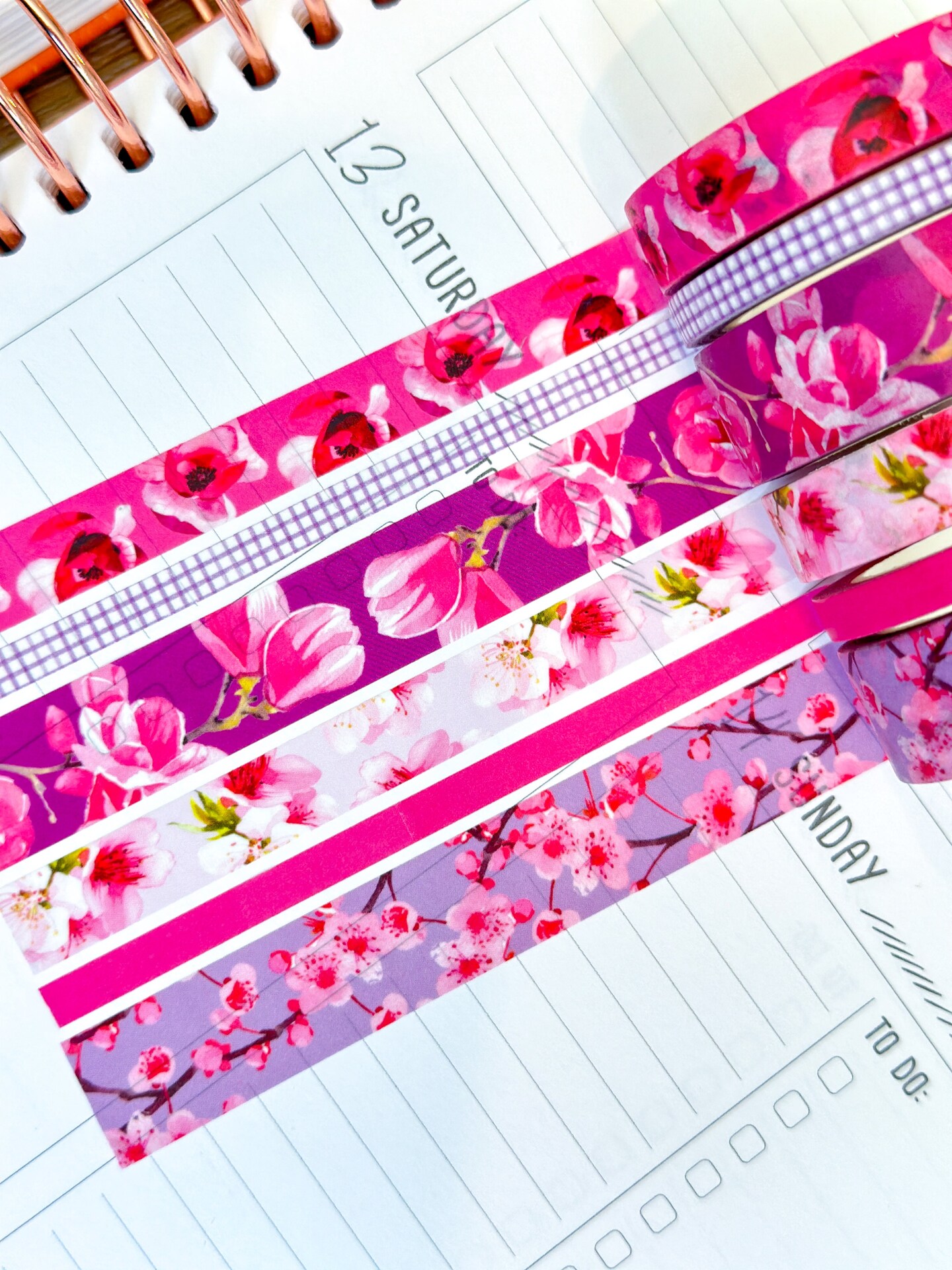 Cherry Blossoms Pink Spring Flowers Washi Tape Set April 2024 - W106