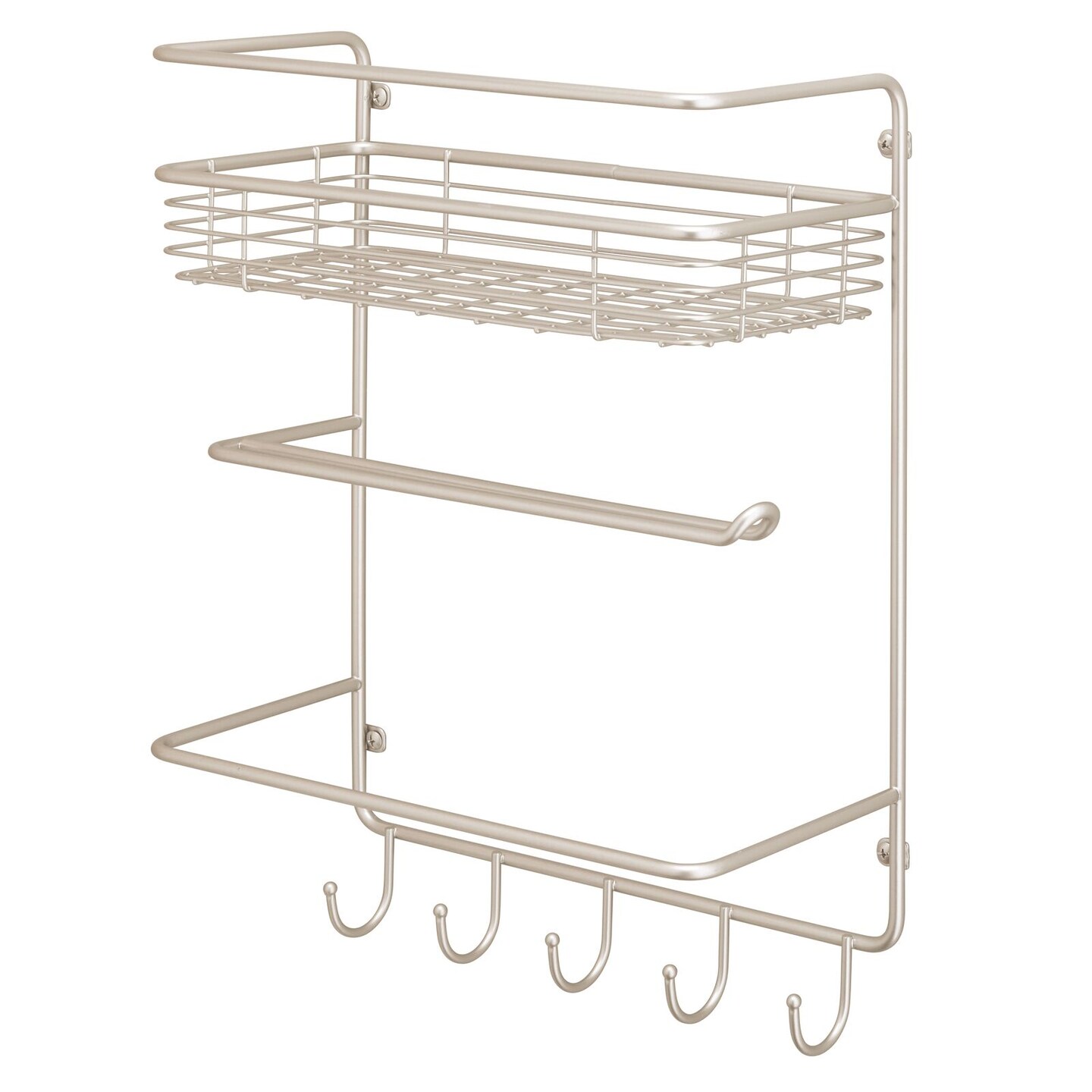 mDesign Metal Wall Mount Paper Towel Holder with Storage Shelf & Hooks