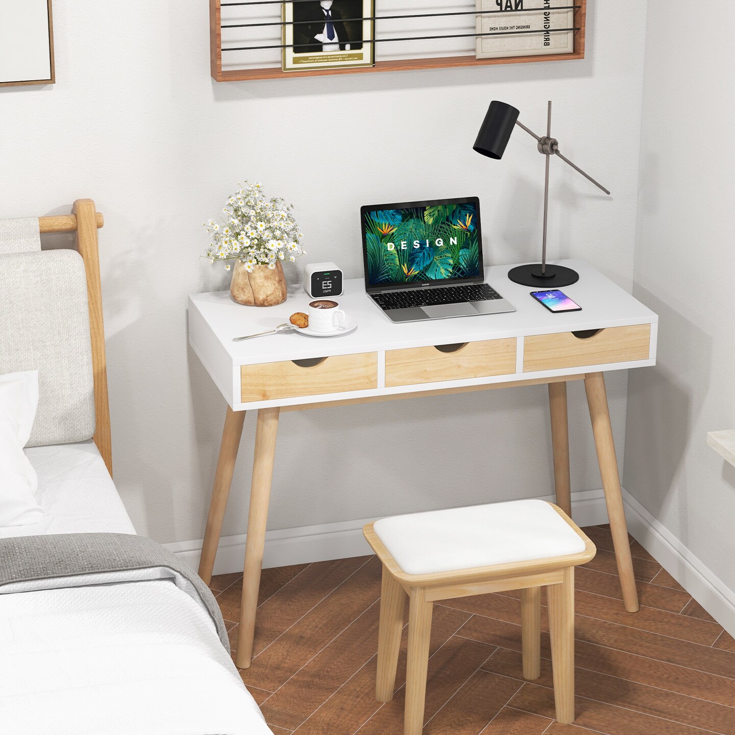 Computer Desk With 3 Drawers And Solid Rubber Wood Legs For Home Office